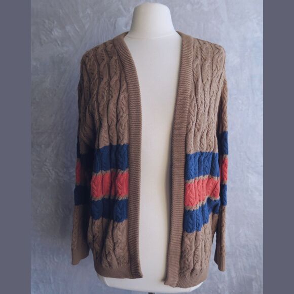 ANTHROPOLOGIE Brown Cable Knit Cardigan Size M/L Longline Varsity Stripes Preppy - Picture 2 of 11